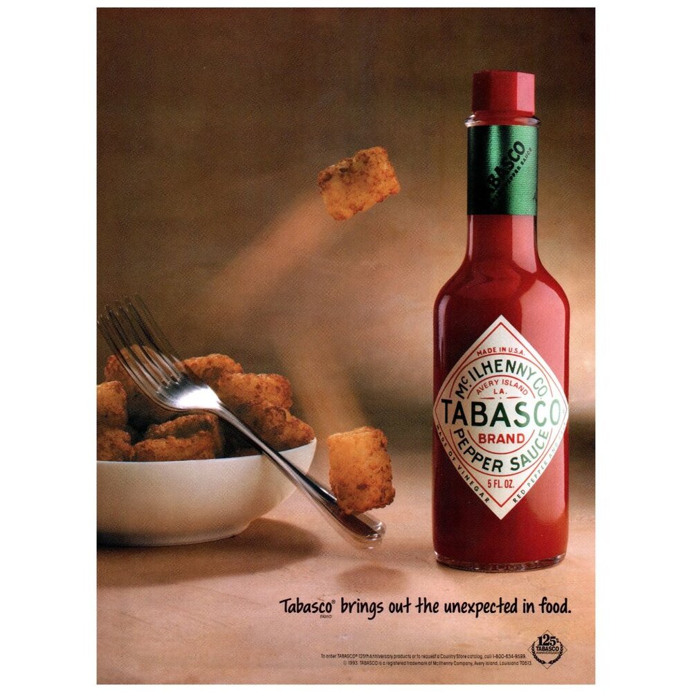 1993 Tobasco Hot Pepper Sauce McIlhenny Vintage Print Ad Tater Tots 90s Wall Art